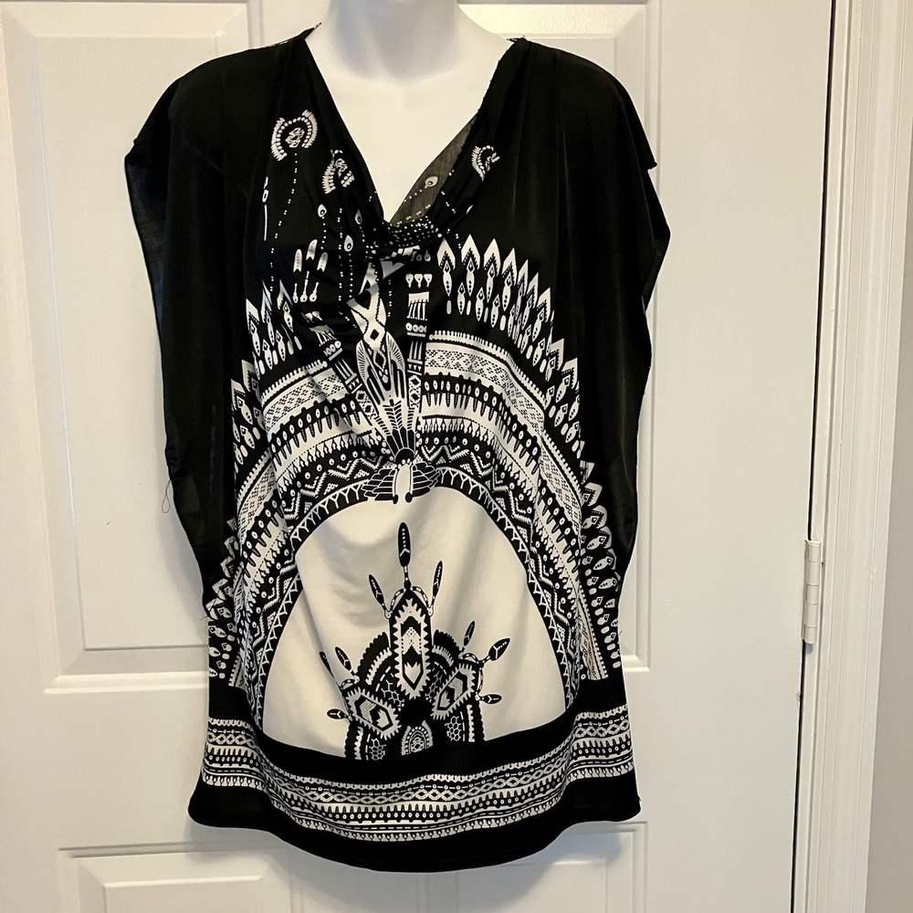 Papillon Scarf Print Shirt Size‎ Small Black White Boho Tunic Festival Blouse